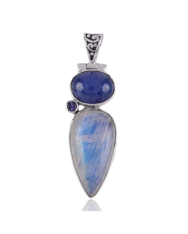 Natural Iolite Tanzanite and Rainbow Moonstone Gemstone Sterling Silver Pendant