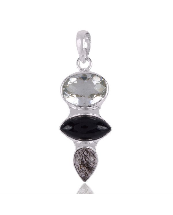 Natural Black Onyx Crystal Tourmanilated Quartz Gemstone Sterling Silver Pendant