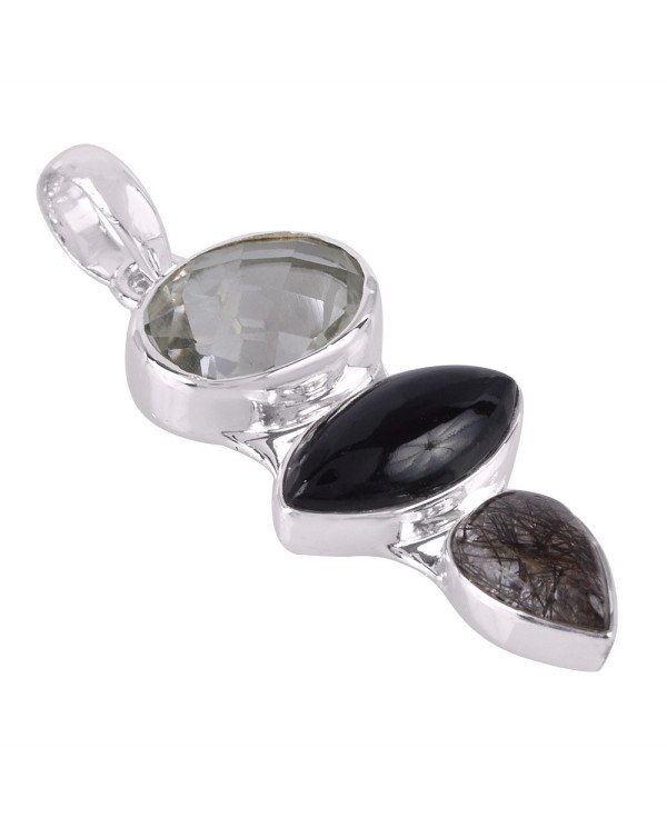 Natural Black Onyx Crystal Tourmanilated Quartz Gemstone Sterling Silver Pendant