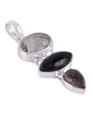Natural Black Onyx Crystal Tourmanilated Quartz Gemstone Sterling Silver Pendant