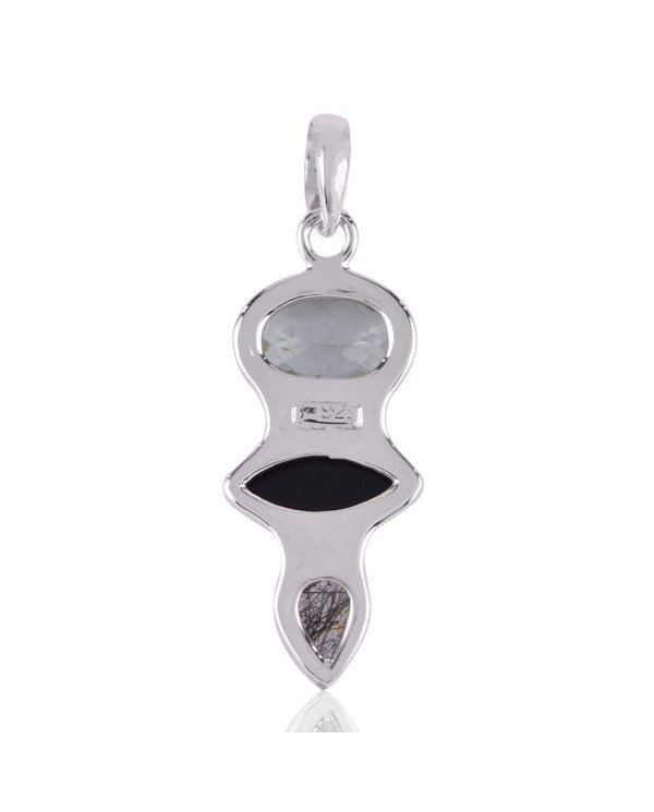 Natural Black Onyx Crystal Tourmanilated Quartz Gemstone Sterling Silver Pendant