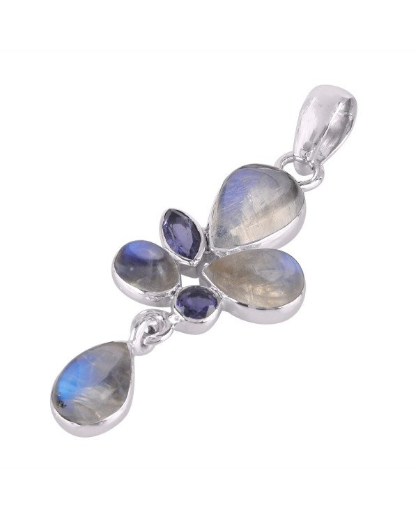 Natural Rainbow Moonstone Iolite Gemstone Sterling Silver Pendant