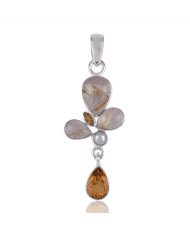 Natural Citrine Rutilated Quartz and Pearl Gemstone Sterling Silver Pendant