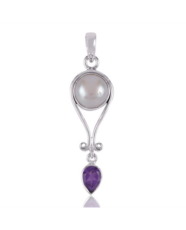 Natural Amethyst  Pearl  Gemstone Sterling Silver Pendant | Jewels Artisan