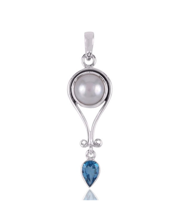 Natural Swiss Blue Topaz Pearl Gemstone Sterling Silver Pendant
