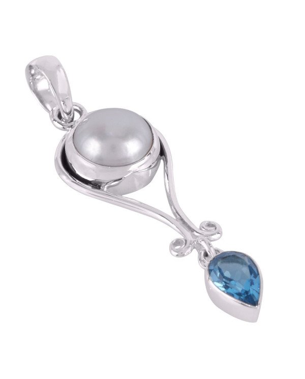Natural Swiss Blue Topaz Pearl Gemstone Sterling Silver Pendant
