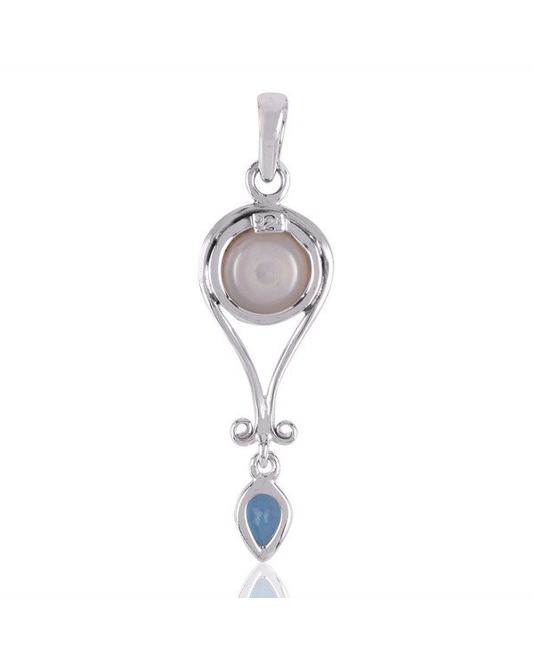Natural Swiss Blue Topaz Pearl Gemstone Sterling Silver Pendant