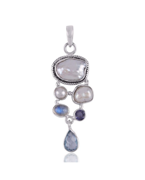 Natural Iolite Pearl Sky Blue Topaz and Rainbow Moonstone Gemstone Silver Pendant