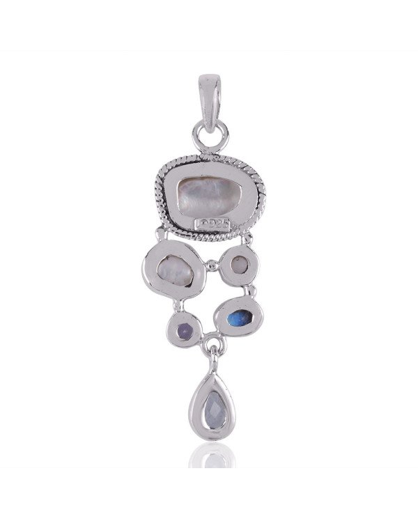 Natural Iolite Pearl Sky Blue Topaz and Rainbow Moonstone Gemstone Silver Pendant