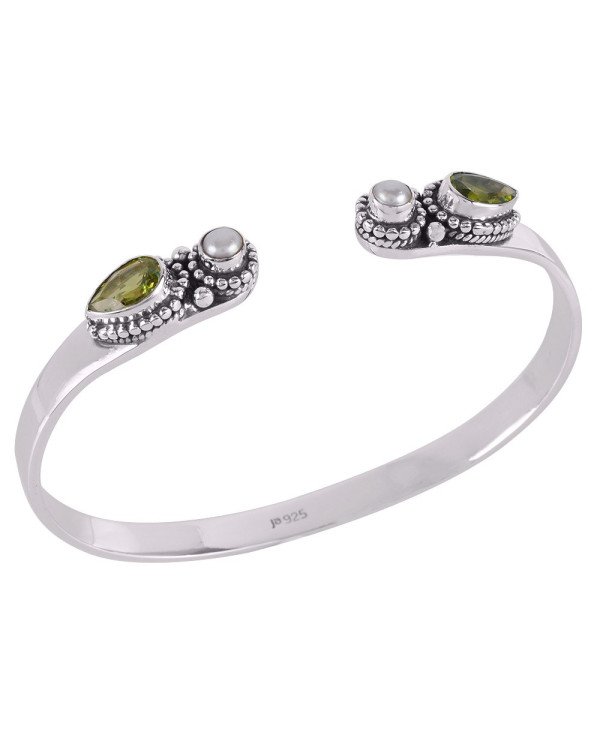 Natural Peridot Pearl Gemstone Sterling Silver Bracelet | Jewels Artisan