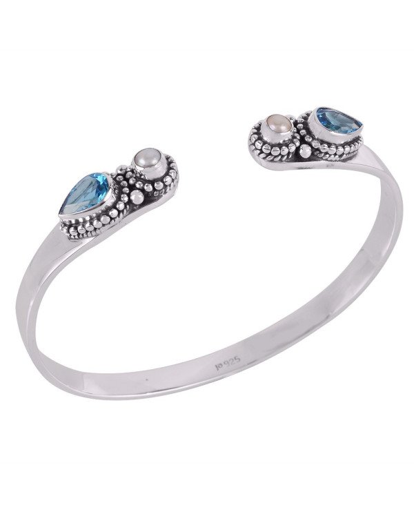 Natural Swiss Blue Topaz Pearl Gemstone Sterling Silver Bracelet | Jewels Artisan