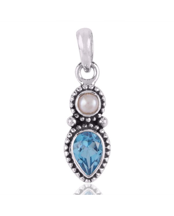 Natural Sky Blue Topaz Pearl Gemstone Sterling Silver Pendant | Jewels Artisan