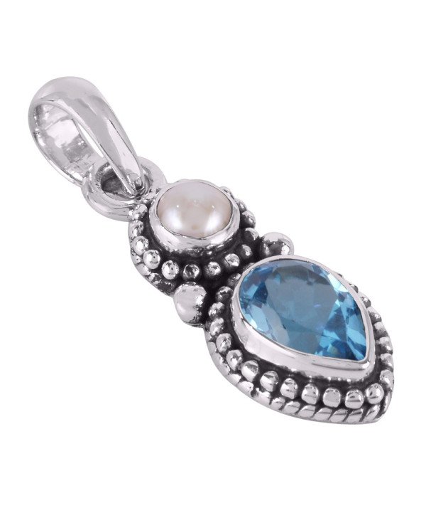 Natural Sky Blue Topaz Pearl Gemstone Sterling Silver Pendant | Jewels Artisan