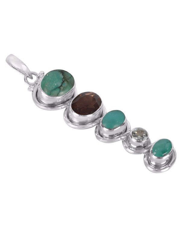 Natural Green Amethyst Tibetan Turquoise Smoky Quartz Gemstone Sterling Silver Pendant | Jewels Artisan