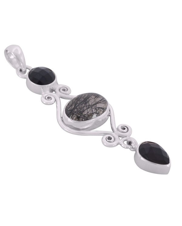 Natural Black Onyx Tourmanilated Quartz Gemstone Sterling Silver Pendant | Jewels Artisan