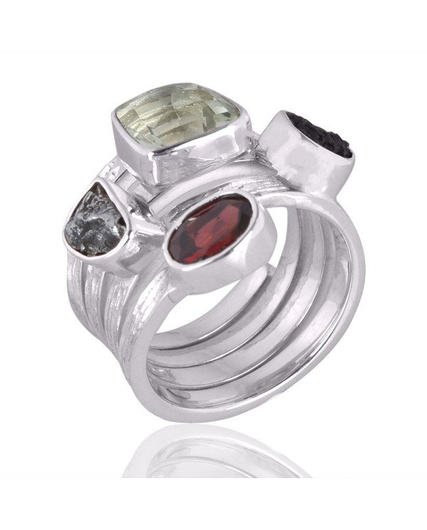 Green Amethyst Garnet Meteorite And Moldavite Sterling Silver Ring