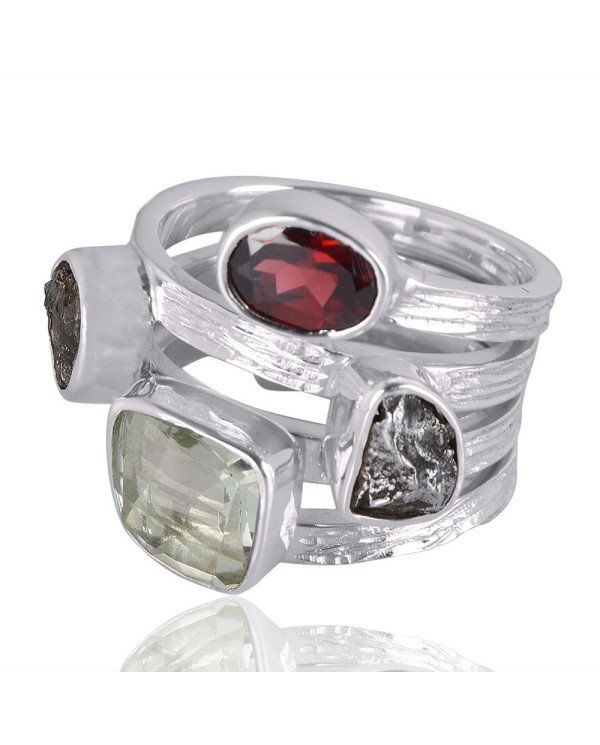 Green Amethyst Garnet Meteorite And Moldavite Sterling Silver Ring