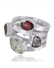 Green Amethyst Garnet Meteorite And Moldavite Sterling Silver Ring