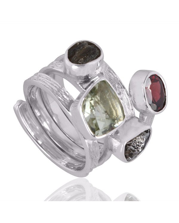 Green Amethyst Garnet Meteorite And Moldavite Sterling Silver Ring