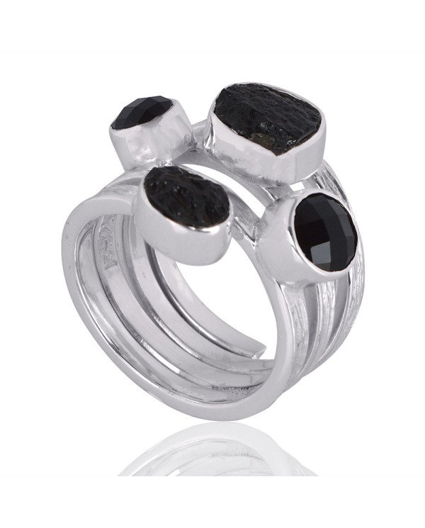 Natural Black Onyx And Tektite Gemstone Sterling Silver Ring | Jewels Artisan