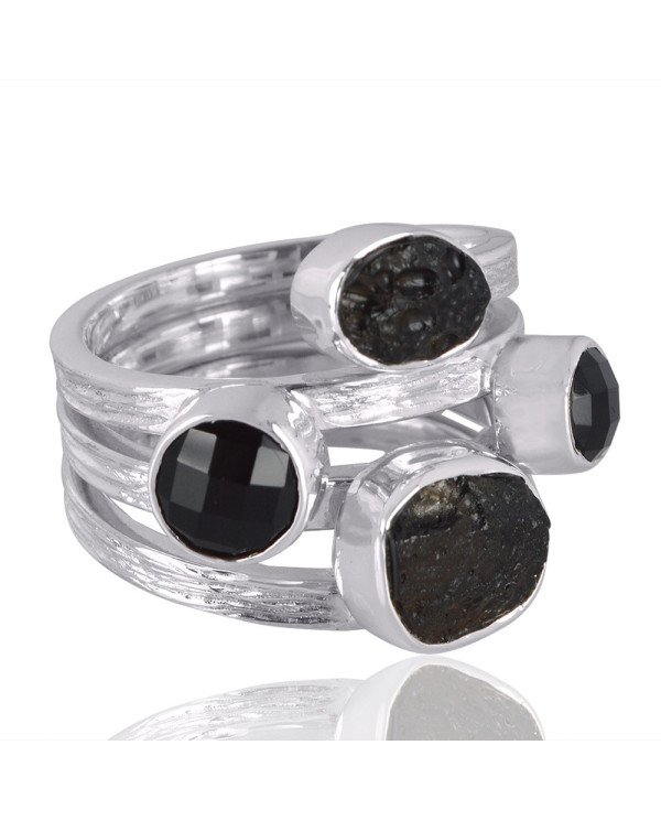 Natural Black Onyx And Tektite Gemstone Sterling Silver Ring | Jewels Artisan