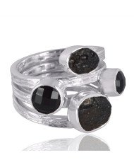 Natural Black Onyx And Tektite Gemstone Sterling Silver Ring | Jewels Artisan