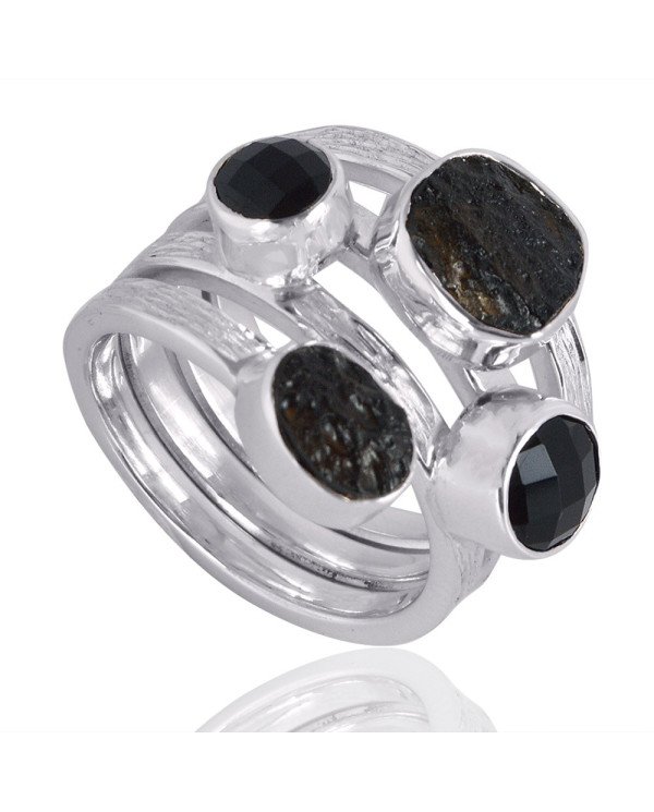 Natural Black Onyx And Tektite Gemstone Sterling Silver Ring | Jewels Artisan