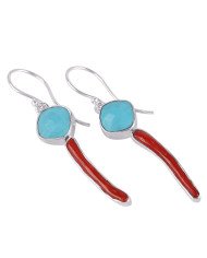 Natural Arizona Turquoise With Coral Stick Gemstone 925 Sterling Silver Earring| Jewels Artisan
