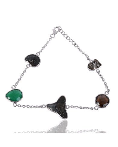 925 Silver Bracelet with Green Onyx, Hematite Ammonite, Meteorite, Shark teeth & Smoky Quartz