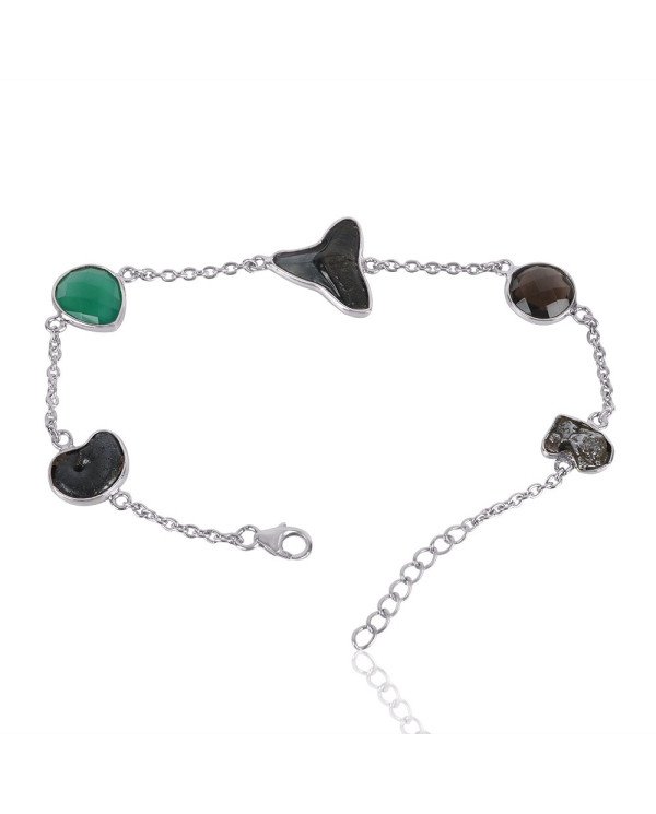 Natural Green Onyx Hematite Ammonite Meteorite Sark Teeth With Smoky Quartz Gemstone Sterling Silver Bracelet | Jewels Artisan