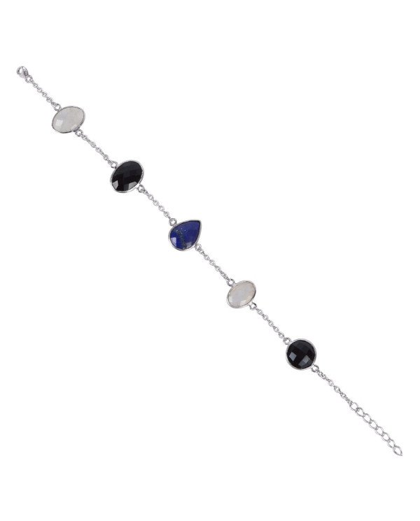 Natural Lapis Rainbow Moonstone And Black Onyx Gemstone Sterling Silver Bracelet | Jewels Artisan