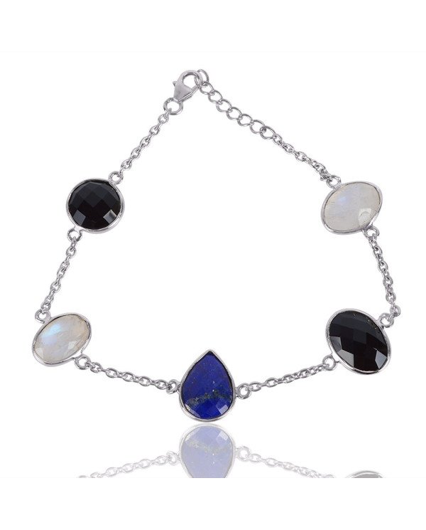 Natural Lapis Rainbow Moonstone And Black Onyx Gemstone Sterling Silver Bracelet | Jewels Artisan