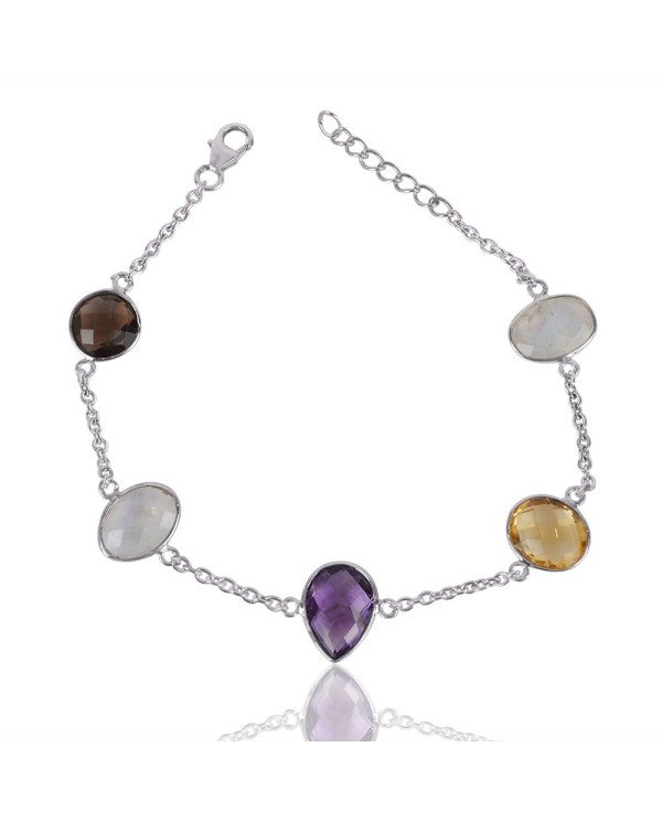 Natural Amethyst Citrine Rainbow Moonstone And Smoky Quartz Gemstone Sterling Silver Bracelet | Jewels Artisan
