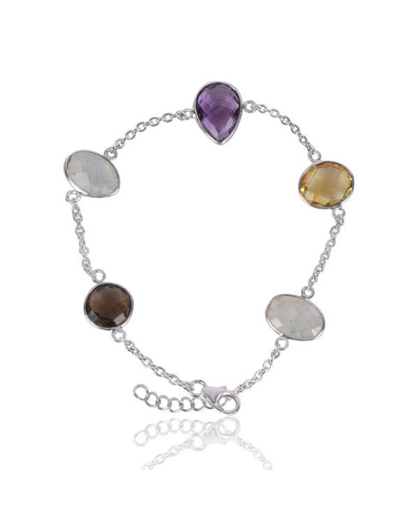 Natural Amethyst Citrine Rainbow Moonstone And Smoky Quartz Gemstone Sterling Silver Bracelet | Jewels Artisan