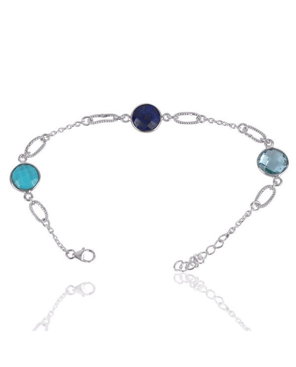 Natural Arizona Turquoise Lapis And Sky Blue Topaz Gemstone Sterling Silver Bracelet | Jewels Artisan
