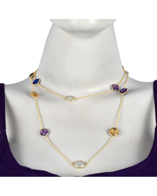 Natural Citrine Amethyst  Lapis Rainbow Moonstone With Smoky Quartz Gemstone Sterling Silver Necklaces | Jewels Artisan
