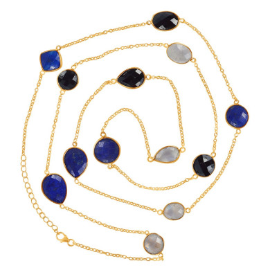 Natural Black Onyx Lapis And Rainbow Moonstone Gemstone Sterling Silver Necklaces | Jewels Artisan