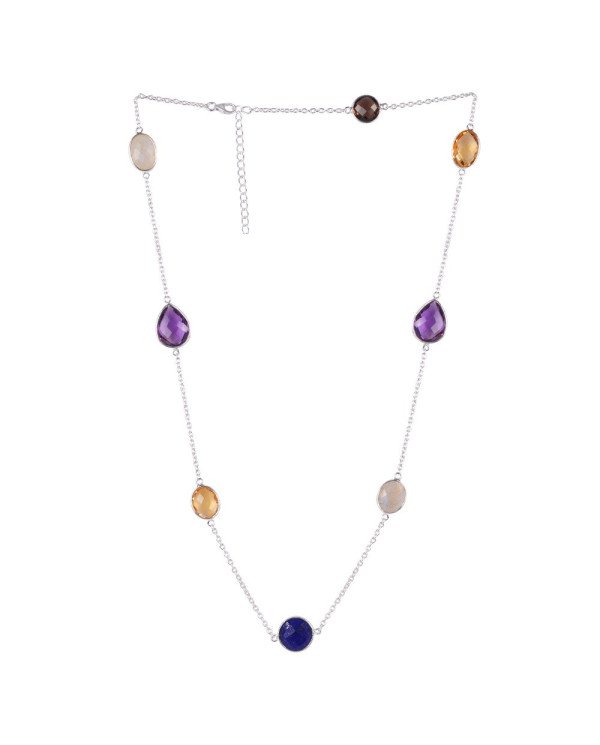 Natural Amethyst Lapis Citrine Rainbow Moonstone With Smoky Quartz Gemstone Sterling Silver Necklaces | Jewels Artisan