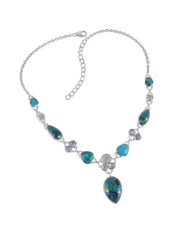 Natural Arizona Turquoise Blue Topaz Rainbow Moonstone With Copper Turquoise Gemstone Sterling Silver Necklaces | Jewels Artisan