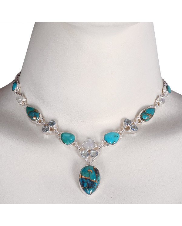 Natural Arizona Turquoise Blue Topaz Rainbow Moonstone With Copper Turquoise Gemstone Sterling Silver Necklaces | Jewels Artisan