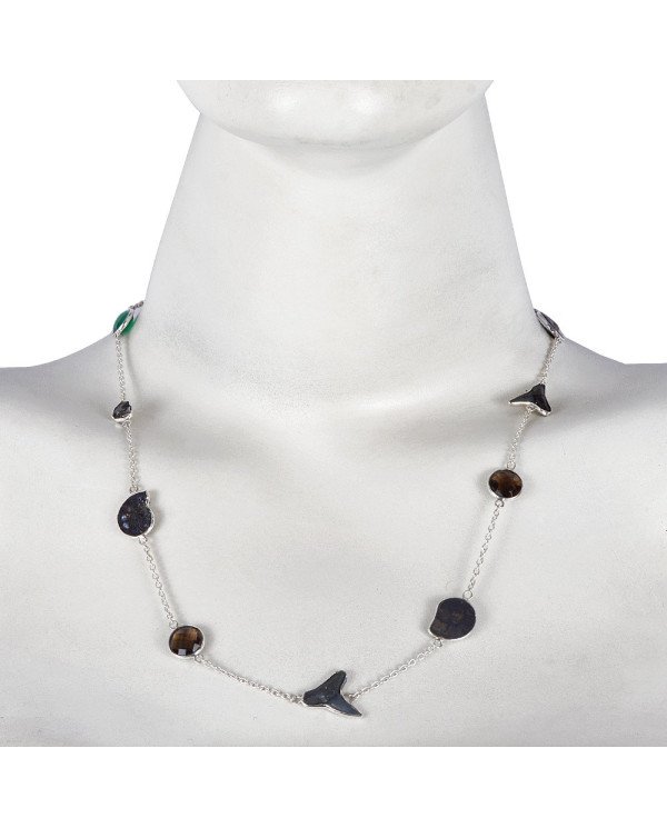 Natural Hematite Ammonite Meteorite Sark Teeth Smoky Quartz And Green Onyx Gemstone Sterling Silver Necklaces | Jewels Artisan