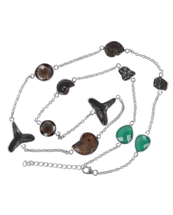 Hematite Ammonite Meteorite Shark Teeth Onyx Sterling Silver Necklace.