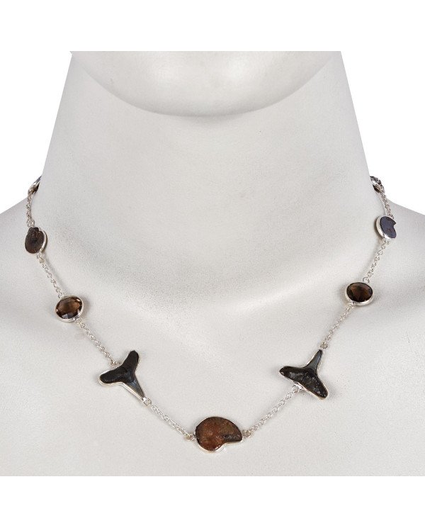 Hematite Ammonite Meteorite Shark Teeth Onyx Sterling Silver Necklace.