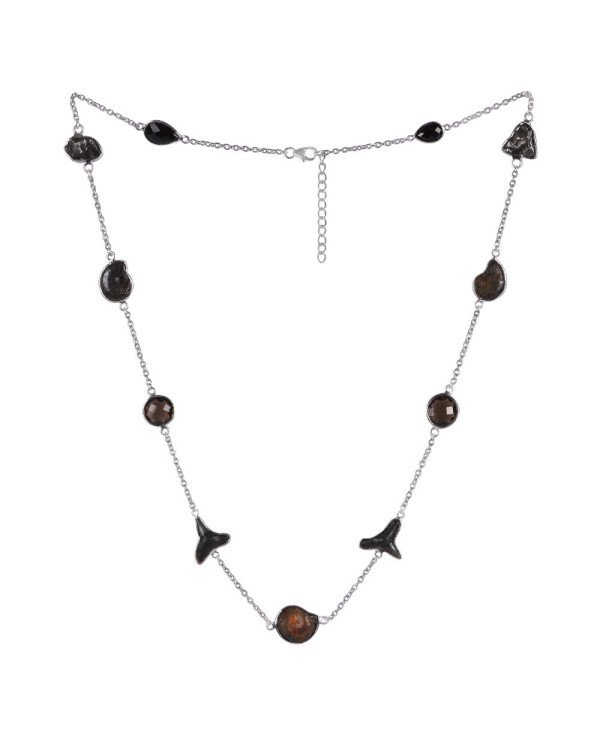 Natural Meteorite Hematite Ammonite Sark Teeth Smoky Quartz And Black Onyx Gemstone Sterling Silver Necklaces | Jewels Artisan
