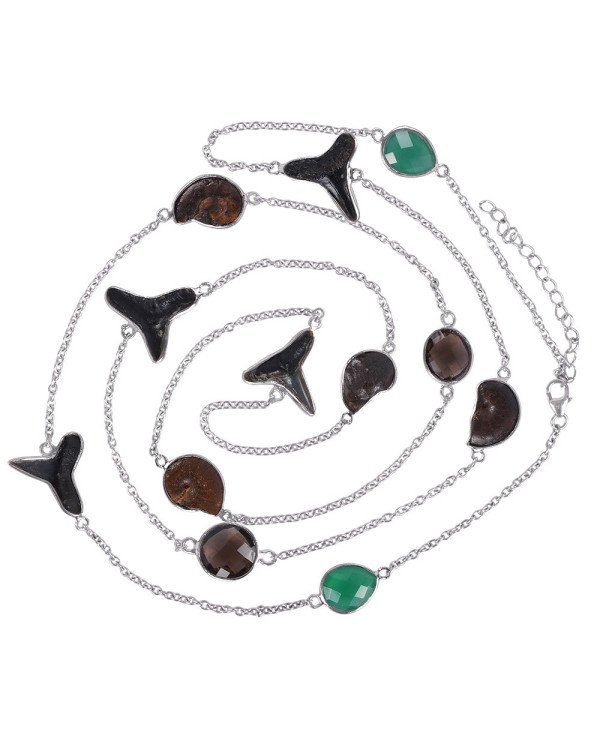 Natural Smoky Quartz Hematite Ammonite Sark Teeth And Green Onyx Gemstone Sterling Silver Necklaces | Jewels Artisan