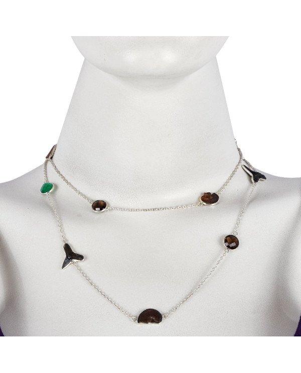 Natural Smoky Quartz Hematite Ammonite Sark Teeth And Green Onyx Gemstone Sterling Silver Necklaces | Jewels Artisan