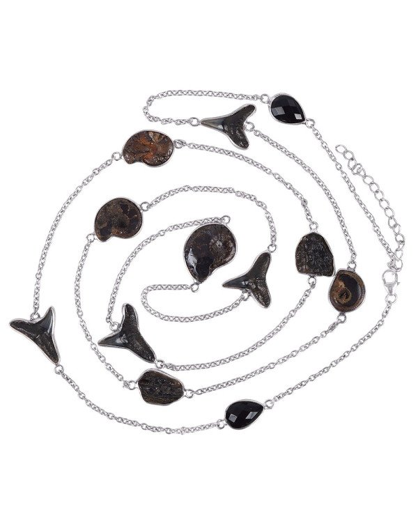 Natural Tektite Hematite Ammonite Sark Teeth And Black Onyx Gemstone Sterling Silver Necklaces | Jewels Artisan