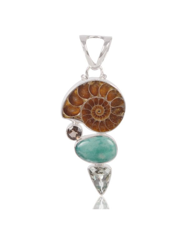 Natural Green Amethyst Medagasker Ammonite Smoky Quartz And Tibetan Turquoise Gemstone Sterling Silver Pendant | Jewels Artisan