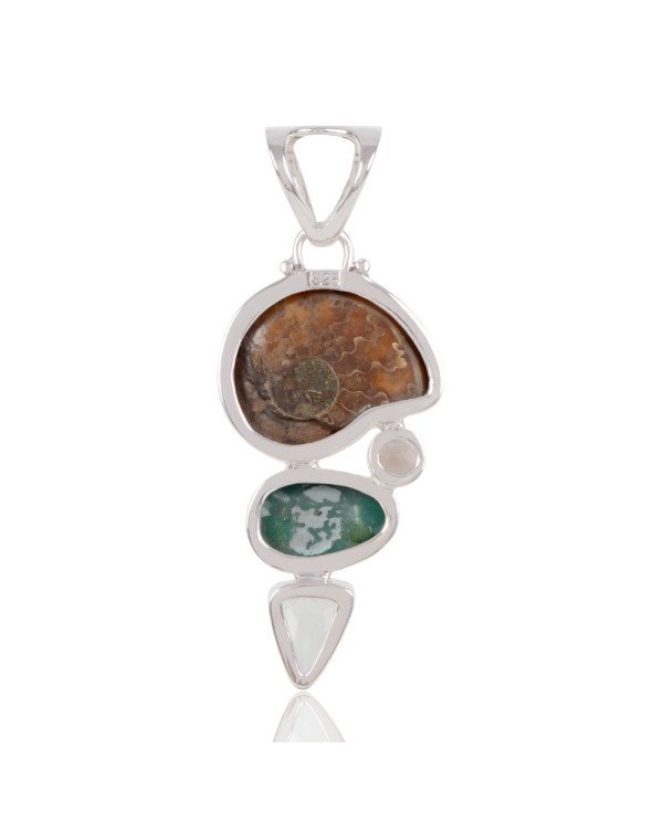 Natural Green Amethyst Medagasker Ammonite Smoky Quartz And Tibetan Turquoise Gemstone Sterling Silver Pendant | Jewels Artisan