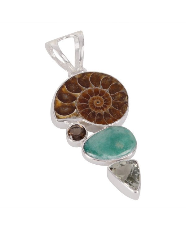 Natural Green Amethyst Medagasker Ammonite Smoky Quartz And Tibetan Turquoise Gemstone Sterling Silver Pendant | Jewels Artisan